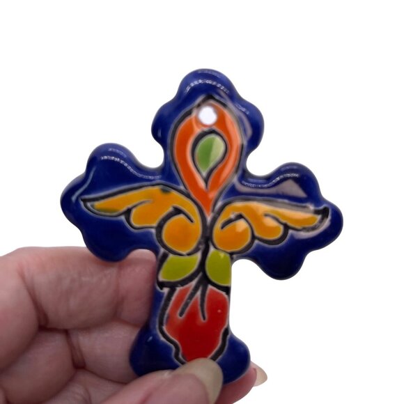 Mexico Talavera Ceramic Hanging Wall Ornament Holy Cross Mini Blue Crucifix Art - Picture 8 of 9